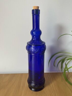 Vintage Cobalt Blue Decorative Glass Bottle Embossed Leaf Motif